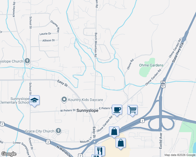 map of restaurants, bars, coffee shops, grocery stores, and more near 3285 Burch Mountain Road in Wenatchee