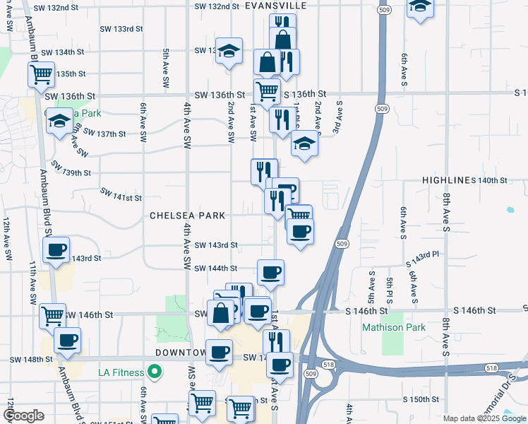 map of restaurants, bars, coffee shops, grocery stores, and more near 14043 1st Avenue South in Burien