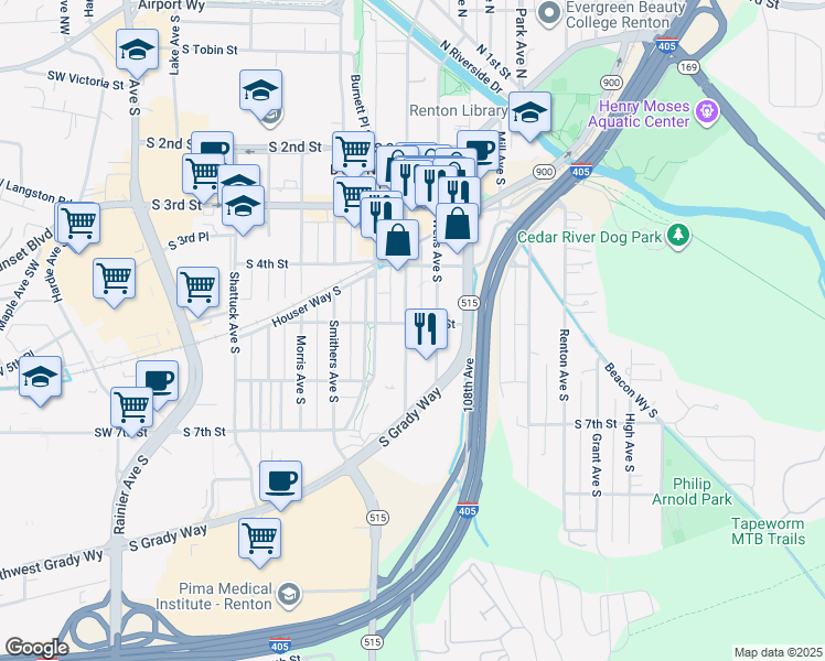 map of restaurants, bars, coffee shops, grocery stores, and more near 500 Williams Avenue South in Renton