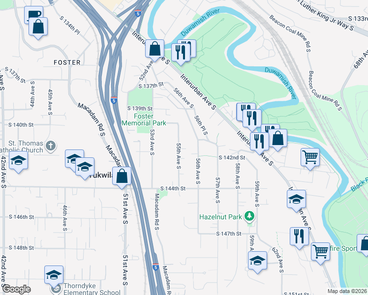 map of restaurants, bars, coffee shops, grocery stores, and more near 14110 55th Avenue South in Tukwila