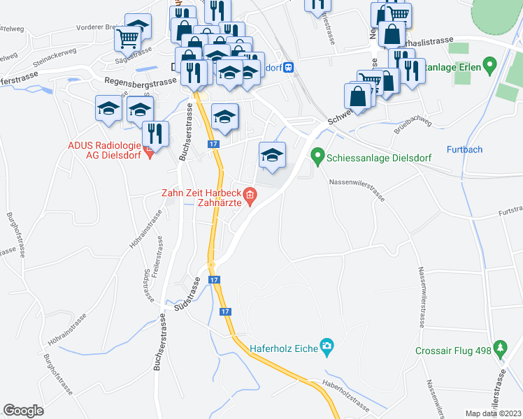map of restaurants, bars, coffee shops, grocery stores, and more near in Dielsdorf