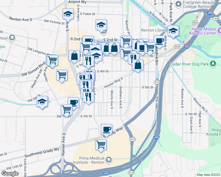 map of restaurants, bars, coffee shops, grocery stores, and more near 417 South 5th Street in Renton