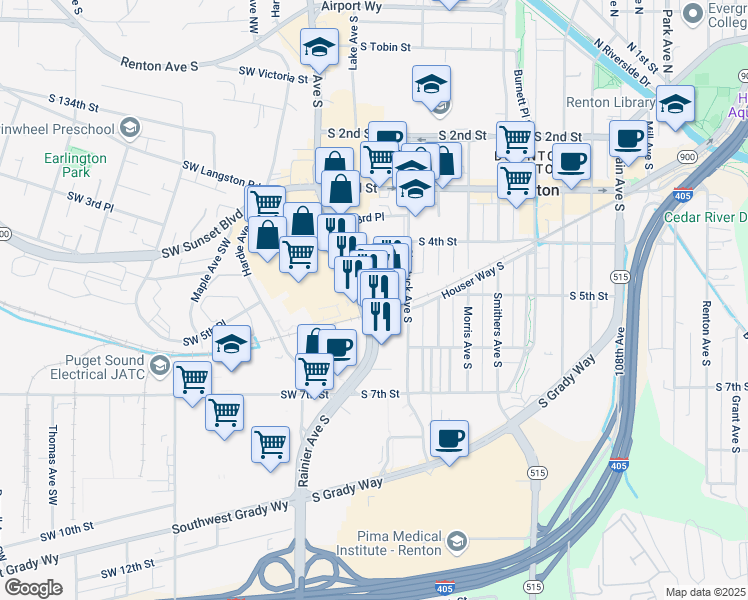 map of restaurants, bars, coffee shops, grocery stores, and more near 504 Renton Center Way Southwest in Renton