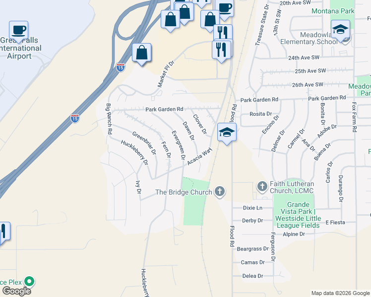 map of restaurants, bars, coffee shops, grocery stores, and more near 2755 Evergreen Drive in Great Falls