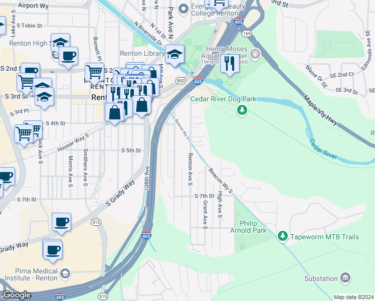 map of restaurants, bars, coffee shops, grocery stores, and more near 439 Renton Avenue South in Renton
