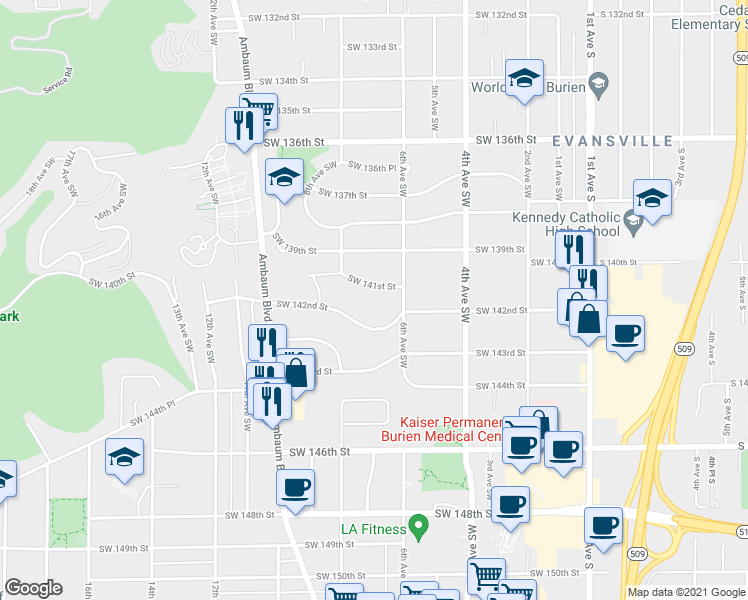 map of restaurants, bars, coffee shops, grocery stores, and more near 627 Southwest 141st Street in Burien