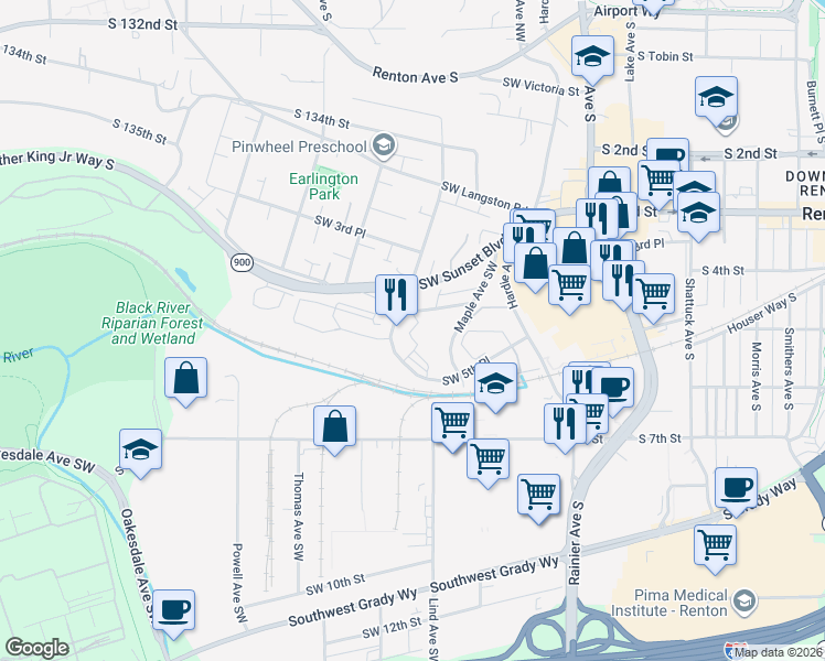 map of restaurants, bars, coffee shops, grocery stores, and more near 510 Stevens Avenue Southwest in Renton