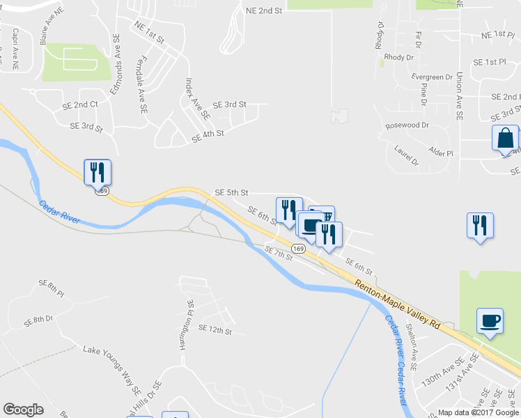 map of restaurants, bars, coffee shops, grocery stores, and more near 3120 Southeast 6th Street in Renton