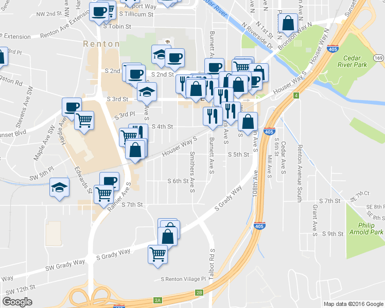 map of restaurants, bars, coffee shops, grocery stores, and more near Smithers Ave S & S 5th St in Renton