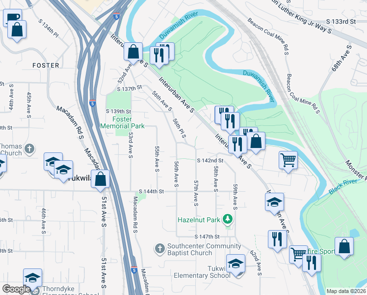 map of restaurants, bars, coffee shops, grocery stores, and more near 5615 South 141st Street in Tukwila