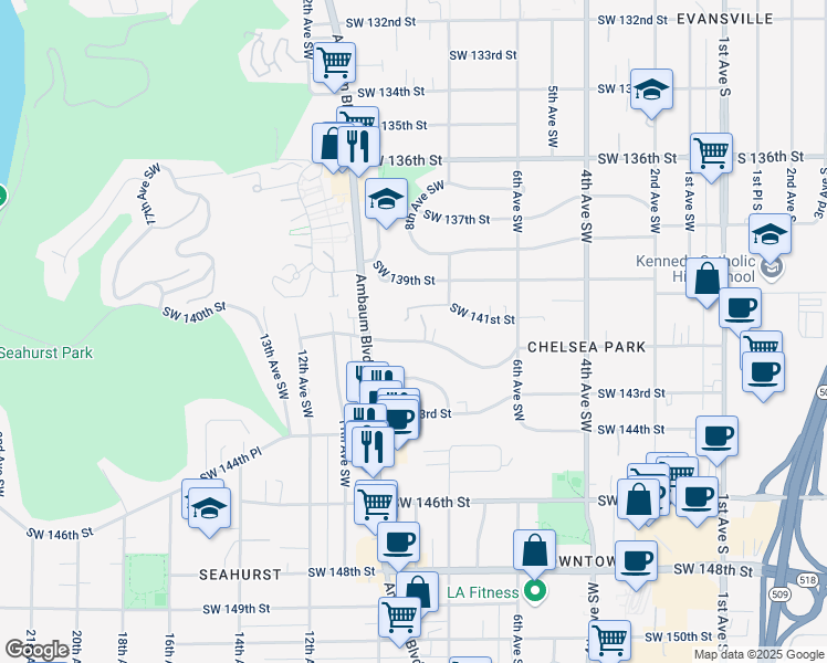 map of restaurants, bars, coffee shops, grocery stores, and more near 832 Southwest 142nd Street in Burien