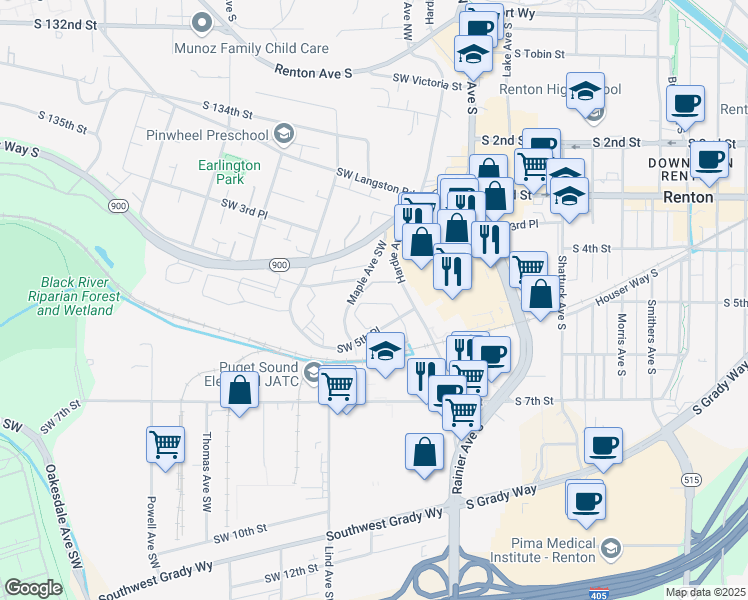 map of restaurants, bars, coffee shops, grocery stores, and more near 200 Southwest 5th Place in Renton