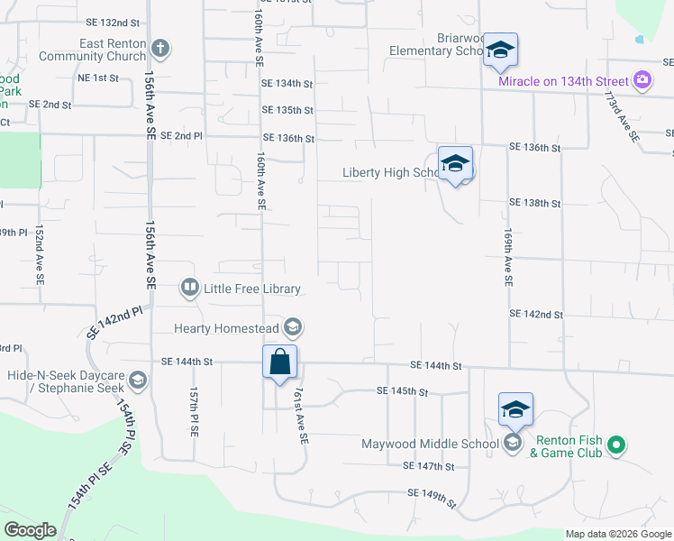 map of restaurants, bars, coffee shops, grocery stores, and more near 14027 163rd Avenue Southeast in Renton