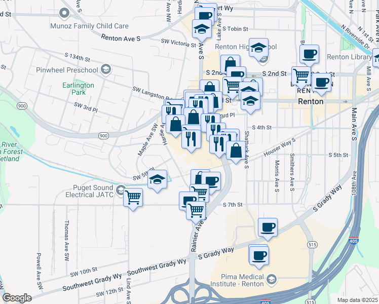 map of restaurants, bars, coffee shops, grocery stores, and more near 465 Renton Center Way Southwest in Renton