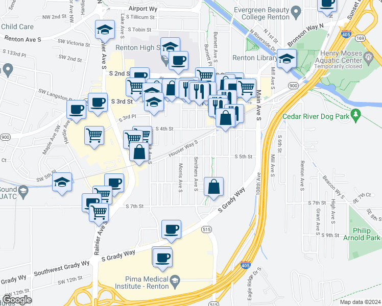 map of restaurants, bars, coffee shops, grocery stores, and more near 503 Smithers Avenue South in Renton
