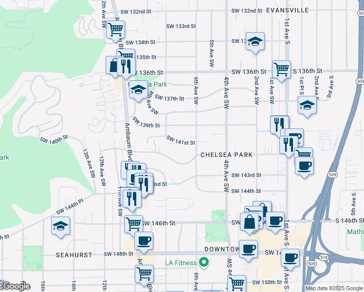 map of restaurants, bars, coffee shops, grocery stores, and more near 627 Southwest 141st Street in Burien