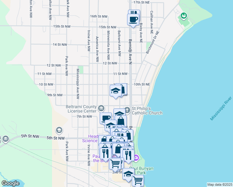 map of restaurants, bars, coffee shops, grocery stores, and more near 820 Beltrami Avenue Northwest in Bemidji