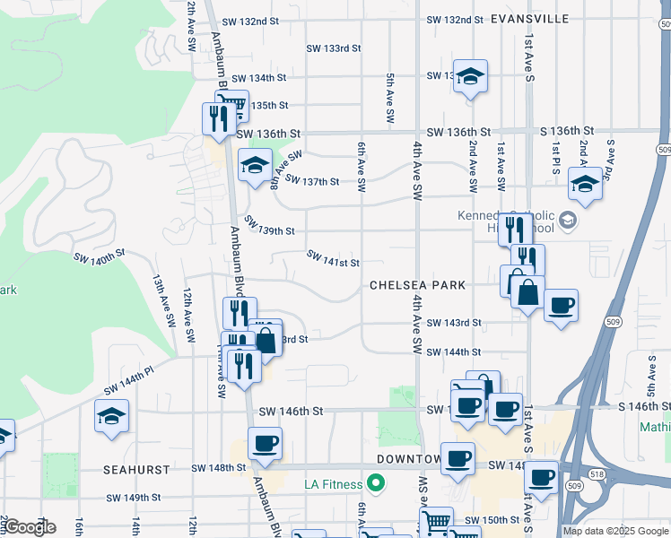 map of restaurants, bars, coffee shops, grocery stores, and more near 627 Southwest 141st Street in Burien