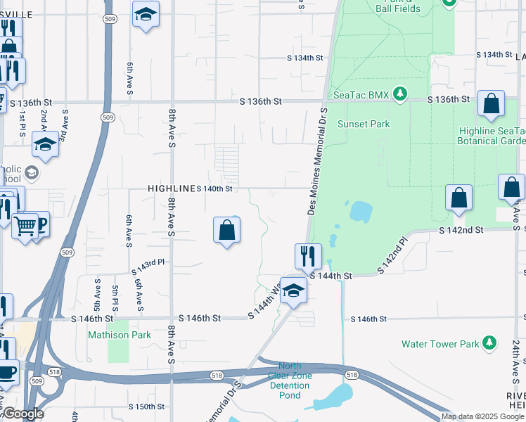 map of restaurants, bars, coffee shops, grocery stores, and more near 1201 South 140th Street in Burien