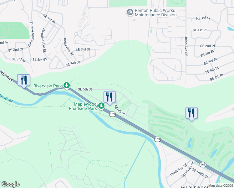 map of restaurants, bars, coffee shops, grocery stores, and more near 505 Newport Avenue Southeast in Renton
