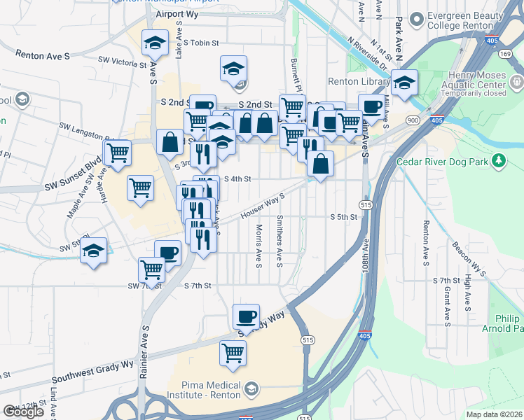 map of restaurants, bars, coffee shops, grocery stores, and more near 417 South 5th Street in Renton