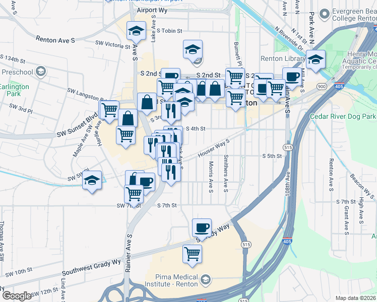 map of restaurants, bars, coffee shops, grocery stores, and more near 428 Shattuck Avenue South in Renton