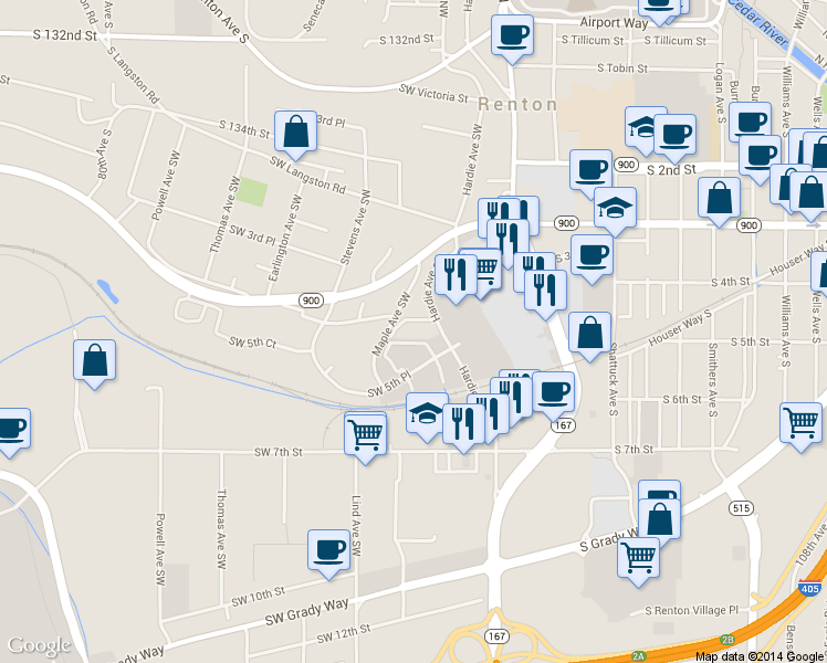 map of restaurants, bars, coffee shops, grocery stores, and more near 200 Southwest 5th Place in Renton