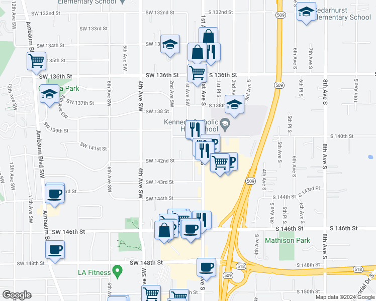 map of restaurants, bars, coffee shops, grocery stores, and more near 128 Southwest 142nd Street in Burien