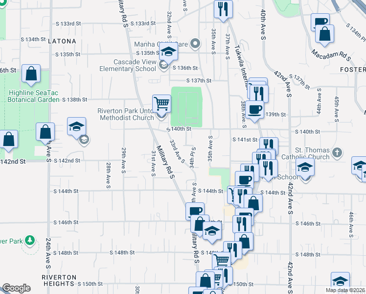 map of restaurants, bars, coffee shops, grocery stores, and more near 14031 33rd Place South in Tukwila
