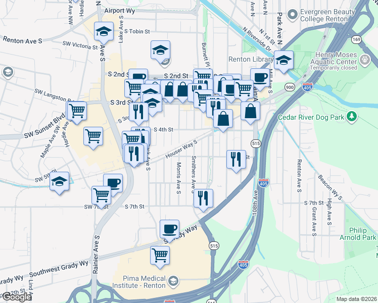 map of restaurants, bars, coffee shops, grocery stores, and more near 503 Smithers Avenue South in Renton