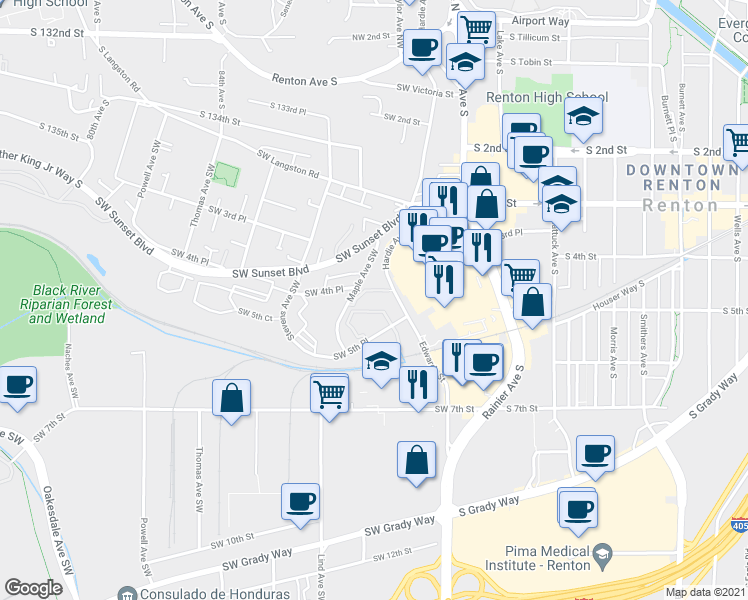 map of restaurants, bars, coffee shops, grocery stores, and more near 200 Southwest 5th Place in Renton