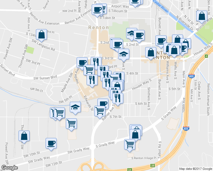 map of restaurants, bars, coffee shops, grocery stores, and more near 479 Rainier Avenue South in Renton