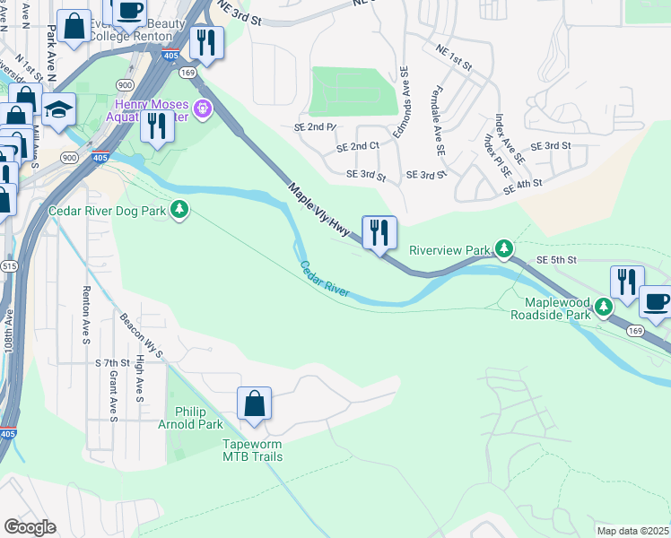 map of restaurants, bars, coffee shops, grocery stores, and more near 2205 Southeast Maple Valley Highway in Renton