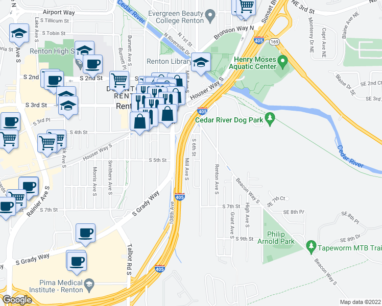 map of restaurants, bars, coffee shops, grocery stores, and more near 301 South 5th Street in Renton