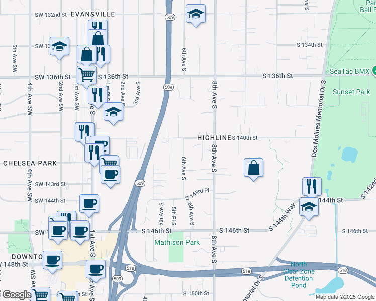 map of restaurants, bars, coffee shops, grocery stores, and more near 14043 7th Place South in Burien