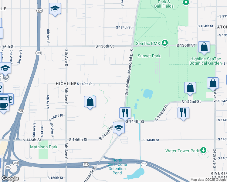map of restaurants, bars, coffee shops, grocery stores, and more near 1201 South 140th Street in Burien