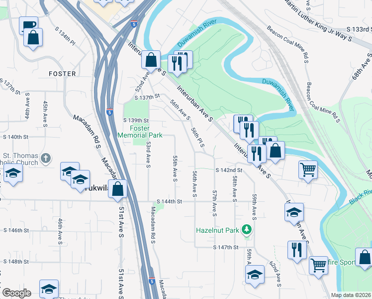 map of restaurants, bars, coffee shops, grocery stores, and more near 14110 55th Avenue South in Tukwila