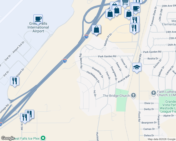 map of restaurants, bars, coffee shops, grocery stores, and more near 2705 Ivy Drive in Great Falls