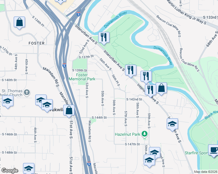map of restaurants, bars, coffee shops, grocery stores, and more near 14110 55th Avenue South in Tukwila