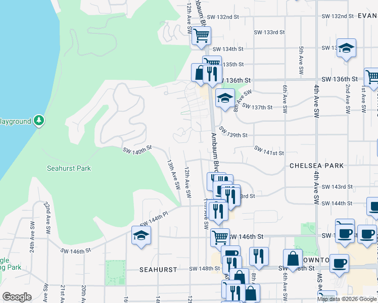 map of restaurants, bars, coffee shops, grocery stores, and more near 14201 12th Avenue Southwest in Burien