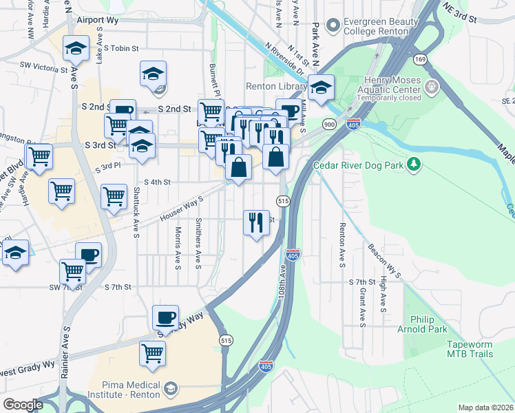 map of restaurants, bars, coffee shops, grocery stores, and more near 500 Williams Avenue South in Renton