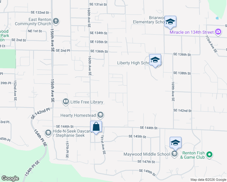 map of restaurants, bars, coffee shops, grocery stores, and more near 14027 163rd Avenue Southeast in Renton