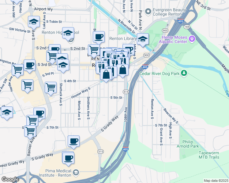 map of restaurants, bars, coffee shops, grocery stores, and more near 500 Williams Avenue South in Renton