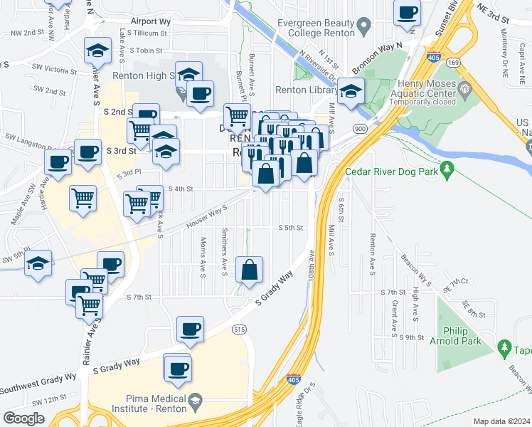 map of restaurants, bars, coffee shops, grocery stores, and more near 500 Williams Avenue South in Renton