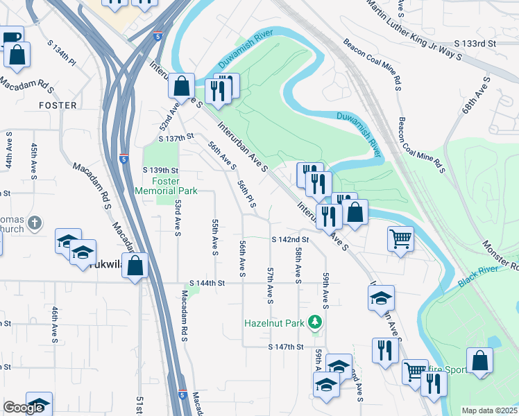 map of restaurants, bars, coffee shops, grocery stores, and more near 5615 South 141st Street in Tukwila