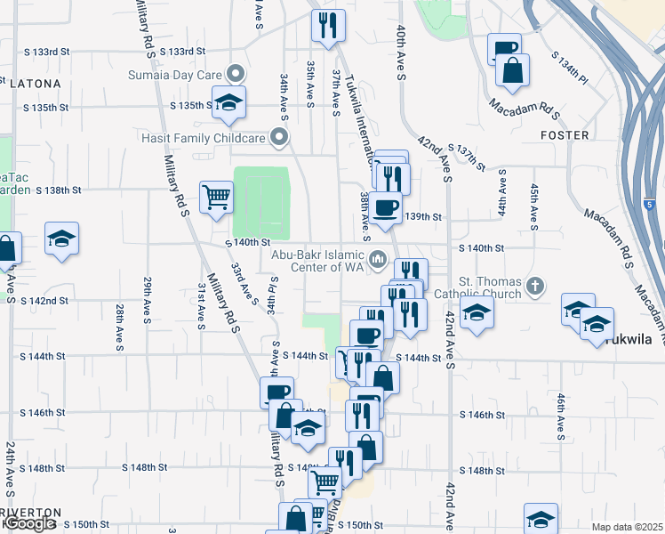 map of restaurants, bars, coffee shops, grocery stores, and more near 14056 35th Avenue South in Tukwila