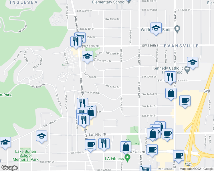 map of restaurants, bars, coffee shops, grocery stores, and more near Southwest 141st Street in Burien