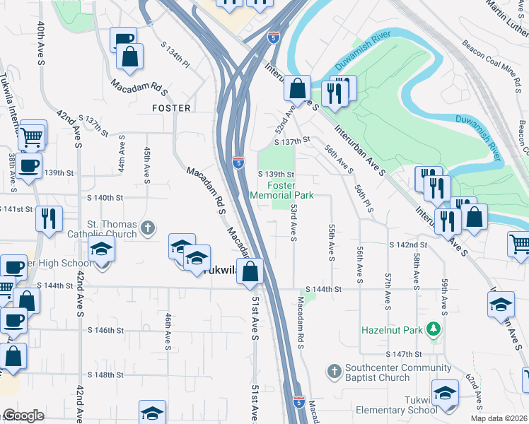 map of restaurants, bars, coffee shops, grocery stores, and more near 13958 51st Avenue South in Tukwila