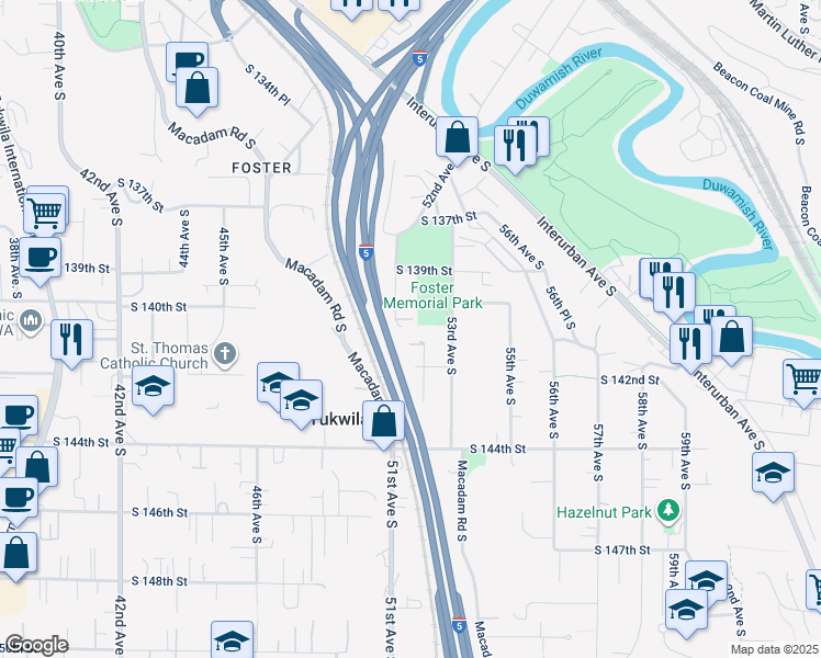 map of restaurants, bars, coffee shops, grocery stores, and more near 13958 51st Avenue South in Tukwila