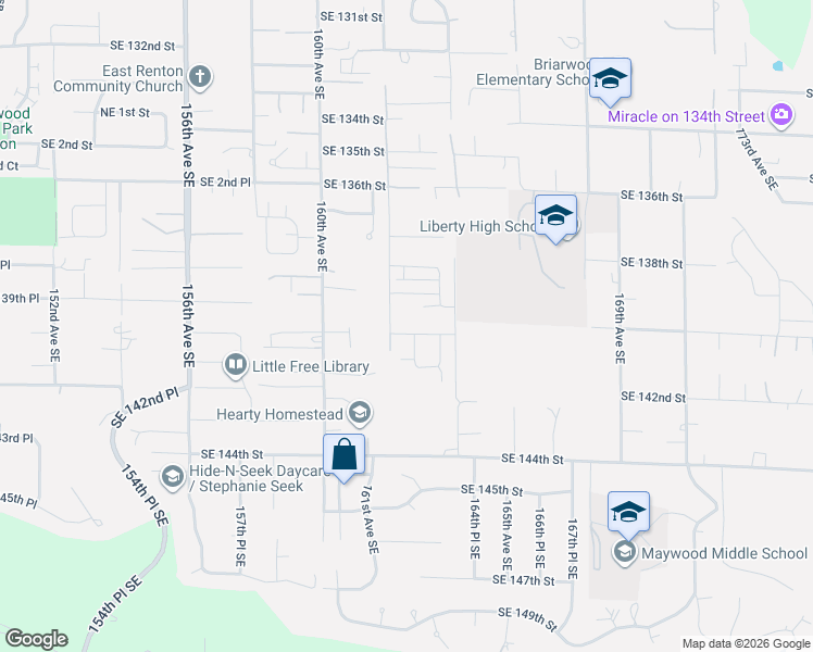 map of restaurants, bars, coffee shops, grocery stores, and more near 14027 163rd Avenue Southeast in Renton